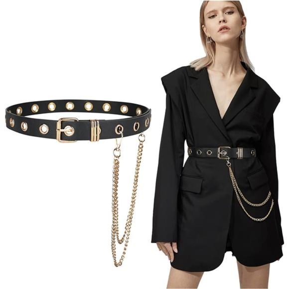 FIORETTO Grommet Leather Belt with Detachable Chain Punk Rock Waist Belts